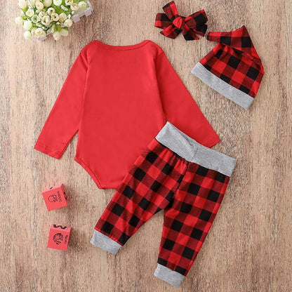 My First Christmas Outfit Baby Girl Boy Christmas Tree Romper Bodysuit Tops Buffalo Plaid Pants and Hat Headband 4 Pcs Set